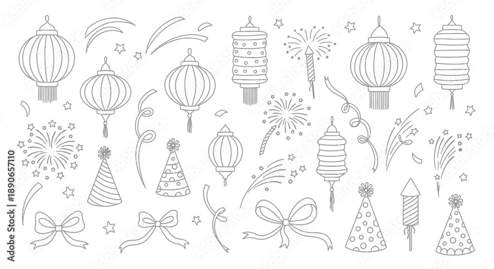 Fototapeta premium Hand-Drawn Celebration Elements - Lanterns, Fireworks, and Party Decorations.
