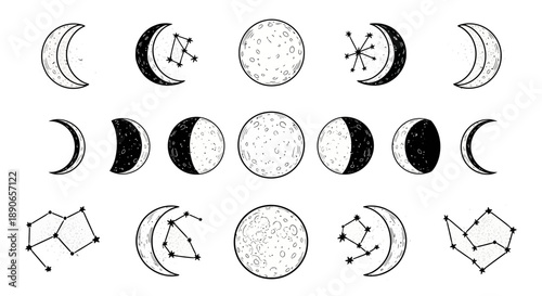 Hand-drawn celestial moon phases and constellations set.