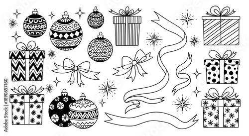 Hand-drawn Christmas Ornaments and Gift Boxes Collection.