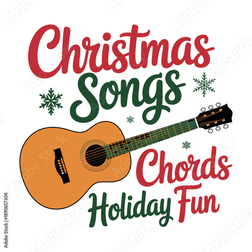 A festive illustration of a guitar with Christmas song chords for holiday fun