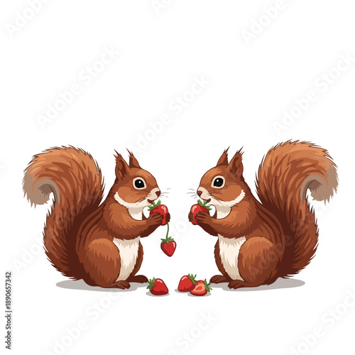 Two Cartoon Squirrels Sharing Strawberries Together.