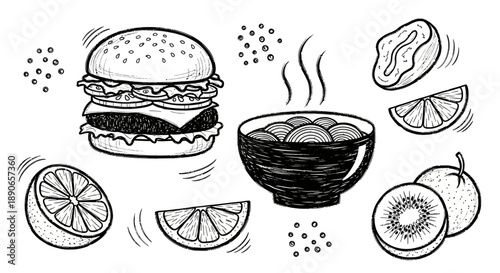 Hand-Drawn Food Assortment - Burger, Soup, and Citrus Fruits.