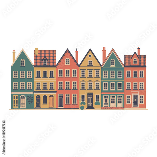 A colorful row of traditional European houses with gabled roofs and chimneys