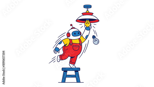 Robot character changing a lightbulb, standing on a stool. Concept of new ideas, innovation, and maintenance.