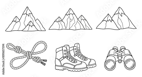 Hiking and mountaineering equipment illustration with mountains and gear.