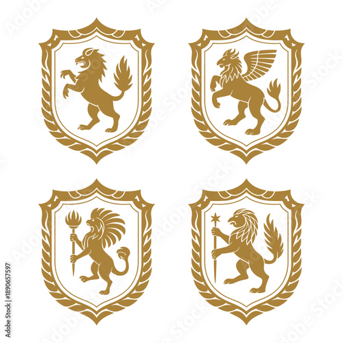 A set of four golden lion crests with unique designs on a white background
