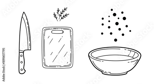Kitchen essentials knife cutting board bowl herbs and peppercorns for cooking.