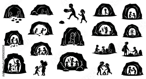 Black silhouettes of prehistoric cave dwellers and children in various activities around and inside caves, depicting ancient human life.
