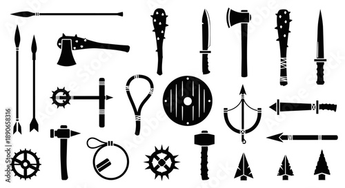 A collection of black silhouette icons depicting various medieval weapons and tools, including axes, maces, swords, spears, shields, and arrows.