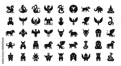 Collection of black silhouette icons depicting various mythical creatures, fantasy monsters, and legendary beasts from folklore and mythology.