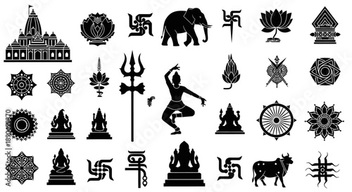 A comprehensive collection of black silhouette icons representing Hindu religious and Indian cultural symbols, including temples, deities, animals, and sacred motifs.