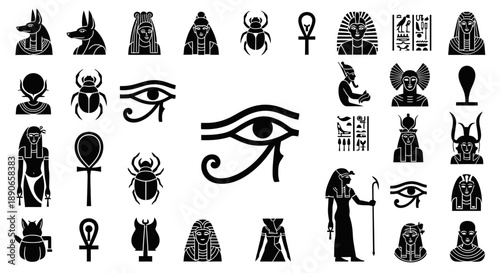 Collection of ancient Egyptian symbols, deities, hieroglyphs, and artifacts in black silhouette icons, representing rich cultural and religious heritage.