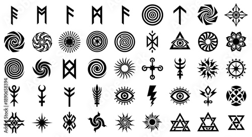 A comprehensive collection of diverse ancient and mystical symbols, including runes, spirals, eyes, stars, and geometric patterns, presented in black and white.