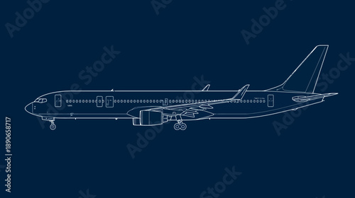 Airplane illustration, white outline on dark blue background