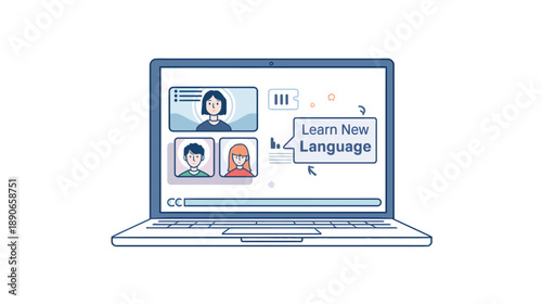 Online language learning on laptop computer illustration