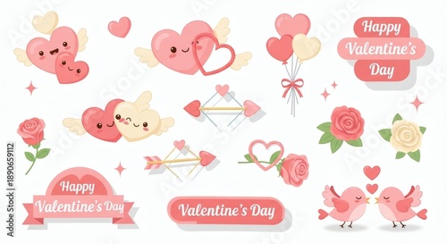 Happy Valentines Clipart Collection Featuring Hearts, Birds, Roses, and Love Symbols