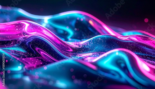 Futuristic neon fluid waves background with shimmering glitter particles glowing magenta and cyan colors reflecting dark surface digital abstract design perfect any project.