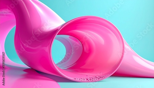 Dynamic 3D abstract background featuring a swirling vibrant bubblegum pink glossy tube structure merging with a clean aqua blue background perfect any project.