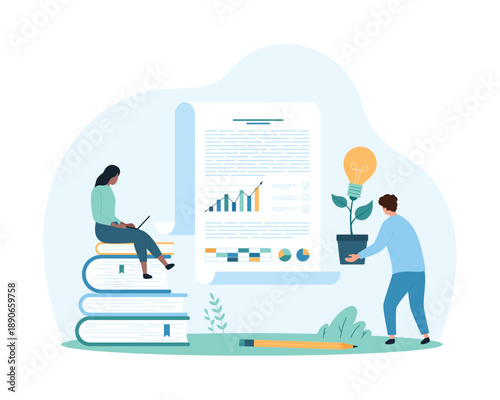 Data analysis, knowledge, methods and creative ideas for office document research. Tiny people study specific case on paper sheet, using stack of books for training cartoon vector illustration