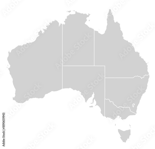 Grey with White Outline Australia Map with District Borders Ocenia Country