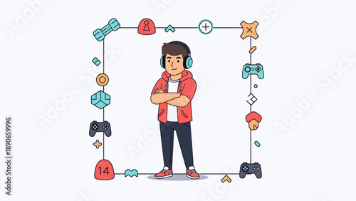 Young man with headphones standing within a frame of gaming icons, representing a gamer or gaming culture in a modern flat illustration style.