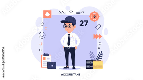 Cartoon illustration of a male accountant character in professional attire surrounded by business and finance-related icons.