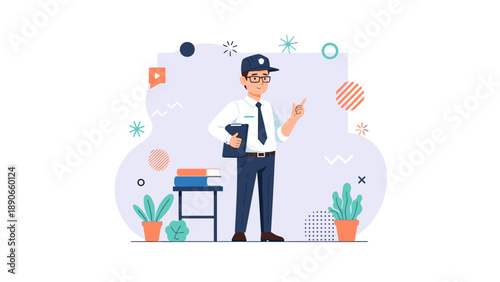 Illustration of a male professional or teacher wearing a cap and glasses, holding a clipboard and pointing, with books and plants.