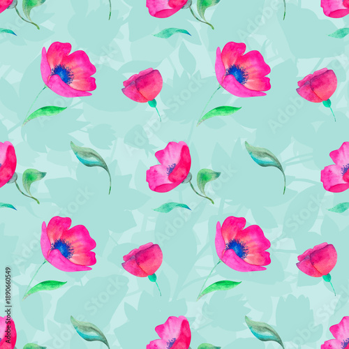 Watercolor floral seamless pattern with pink blossoms on a soft mint background. Hand-painted illustration create an elegant look. Perfect for textile design, wallpaper and feminine lifestyle projects