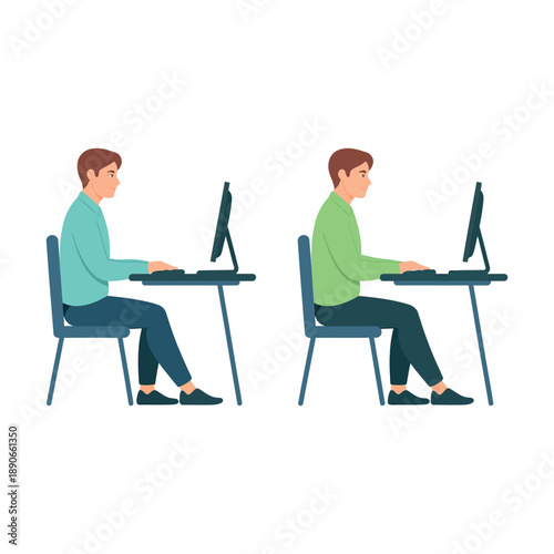 An illustration of a man sitting at a desk with good and bad posture while working on a computer