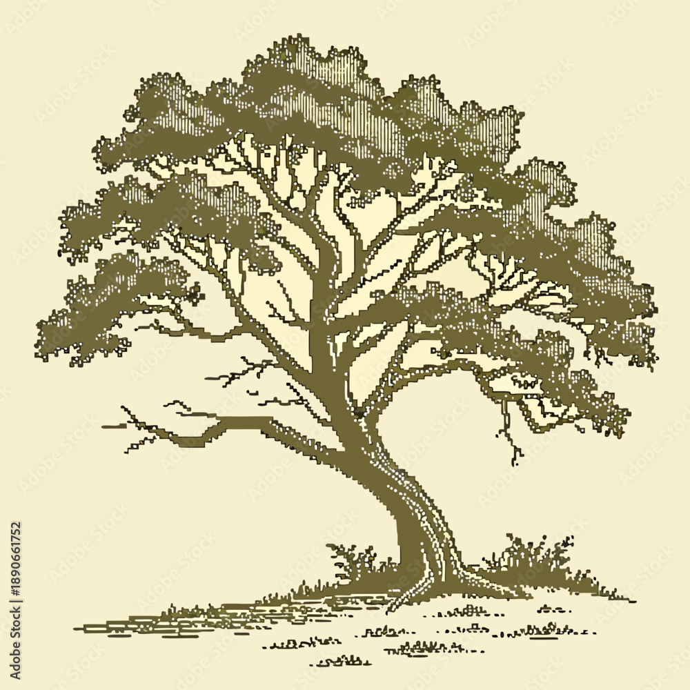 Fototapeta premium Serenity Tree on a Gentle Hill with Lush Grass and Leaves, Viewed in Digital Illustration from a Calm Perspective