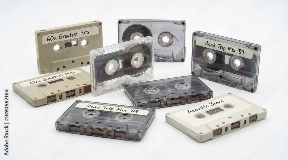 Fototapeta premium Vintage cassette tapes showcasing classic music collections from the '80s
