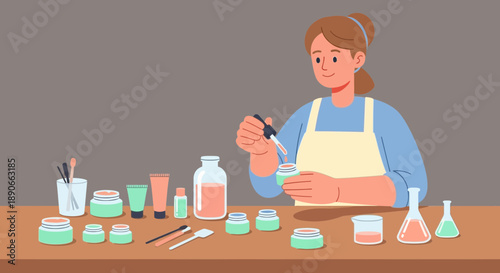 A woman in an apron carefully formulating skincare products with droppers and bottles on a table