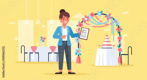 Professional wedding planner with a checklist overseeing event setup and decor