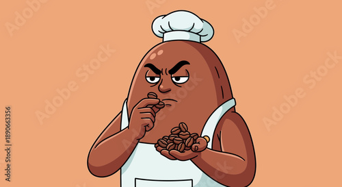 Chef Character Tasting Coffee Beans with Serious Expression