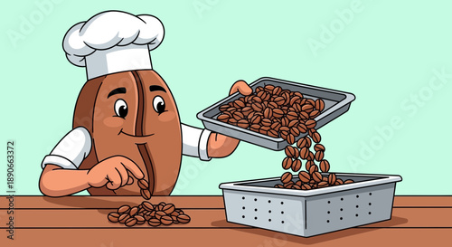 Friendly cartoon coffee bean chef carefully sorts and pours roasted beans into a container for preparation.