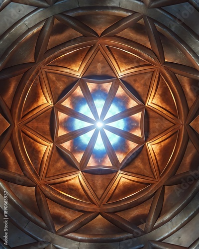 Glowing sacred geometry mandala pattern in golden wood with blue light center
