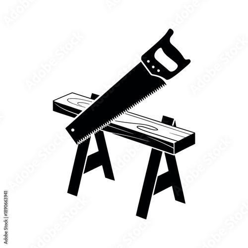 A handsaw rests on a sawhorse, ready for carpentry work.