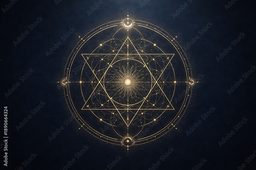 Fototapeta premium Sacred geometric star symbol with glowing mandala lines on dark mystical background