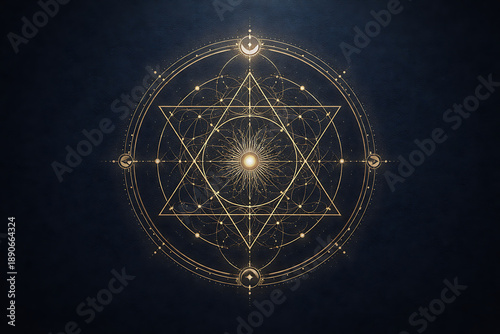 Sacred geometry symbol with glowing lines on dark mystical background