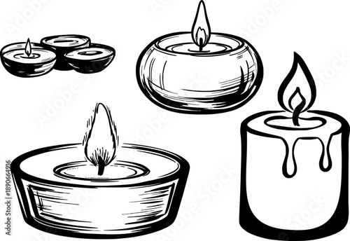 full transparent Set of hand drawn decorative candles in glass bowls and jars with burning flames in sketch style on transparent background for romantic and spa related designs