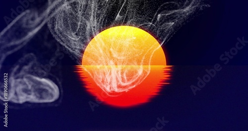 Glowing circular sun half-submerged casting red reflection across calm seascape horizon, with smoke