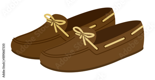 Brown boat loafer shoe women flat pair. Lace detail casual deck footwear for travel weekend seaside stroll. Technical fashion illustration CAD mockup soft vector man unisex isolated contemporary style