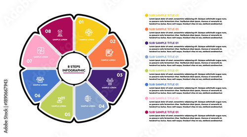 Circle chart infographic template with 8 options for presentations. Vector editable illustration Eps