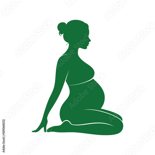 A pregnant woman in a green silhouette sitting in a yoga pose on a white background