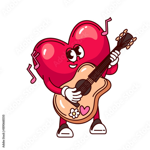 Heart character playing guitar in pose for Valentine Day. Red character groovy heart holding acoustic guitar, music notes, eyes, arms, gloves, legs and shoes. Cartoon vector illustration.