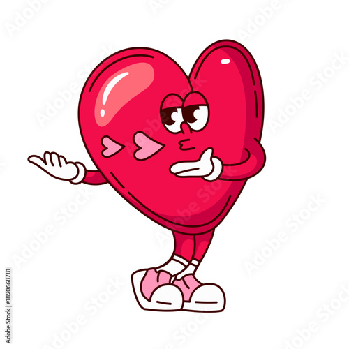 Heart character showing flirty gesture in pose for Valentine Day. Red character groovy heart with eyes, hands, gloves, legs and shoes. Cartoon vector illustration.
