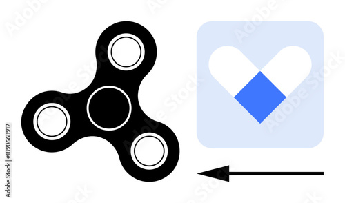 Fidget spinner concept. Depiction of a fidget spinner alongside an app icon with an arrow indicating interaction between physical tools and digital platforms. For gaming, innovation, technology