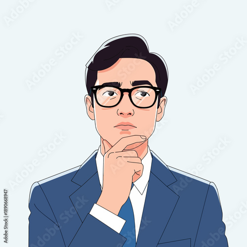 Man in suit and glasses thinking, hand on chin, facing forward