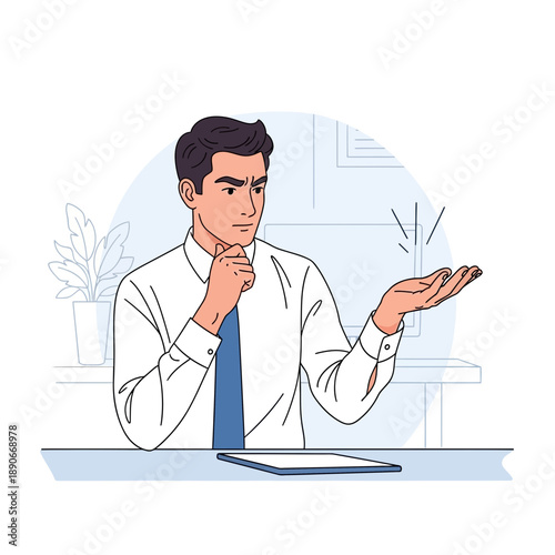 Man thinking at desk, gesturing with open hand, confused expression