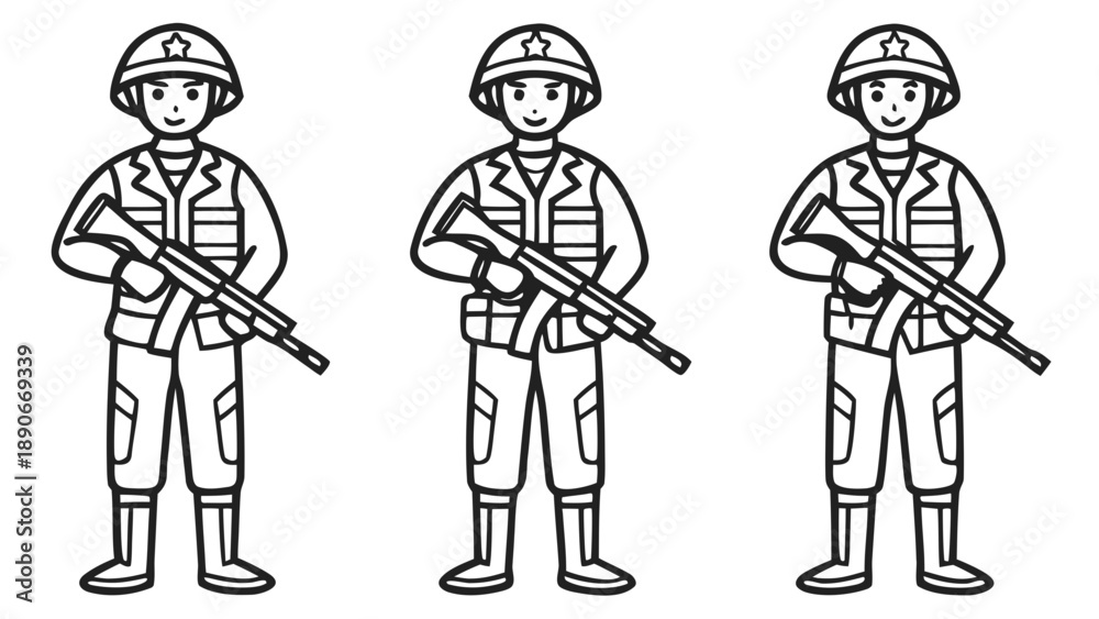 Fototapeta premium Vector flat illustration set of line art female and male military soldiers in uniform poses
